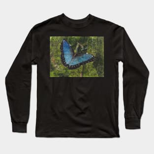 Blue Morpho Butterfly Watercolor and Ink Batik Long Sleeve T-Shirt